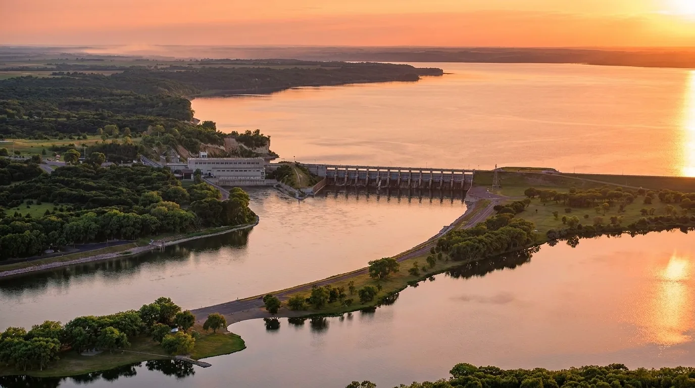 Gavins Point Dam and Lewis and Clark Lake at sunset near Yankton, South Dakota