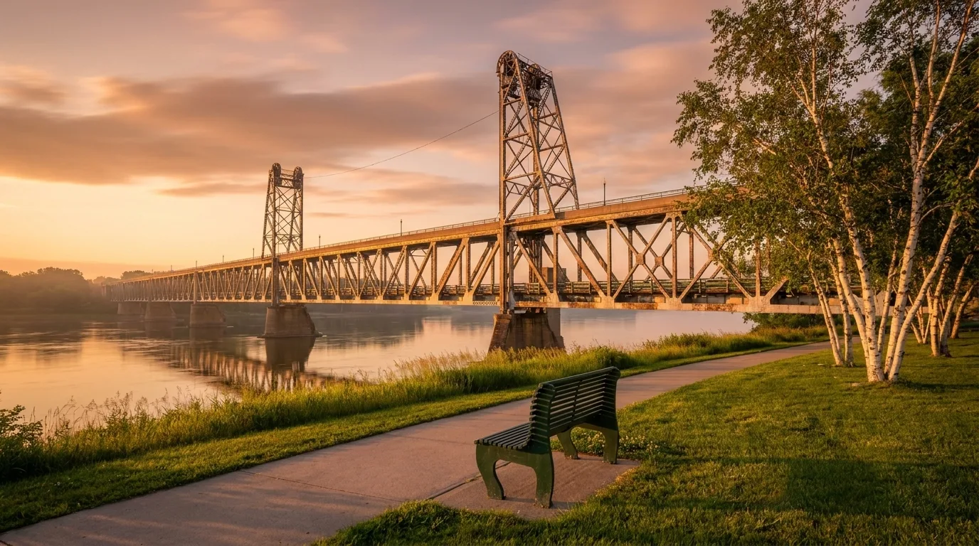 Historic Meridian Bridge at Riverside Park at sunset, Yankton, South Dakota